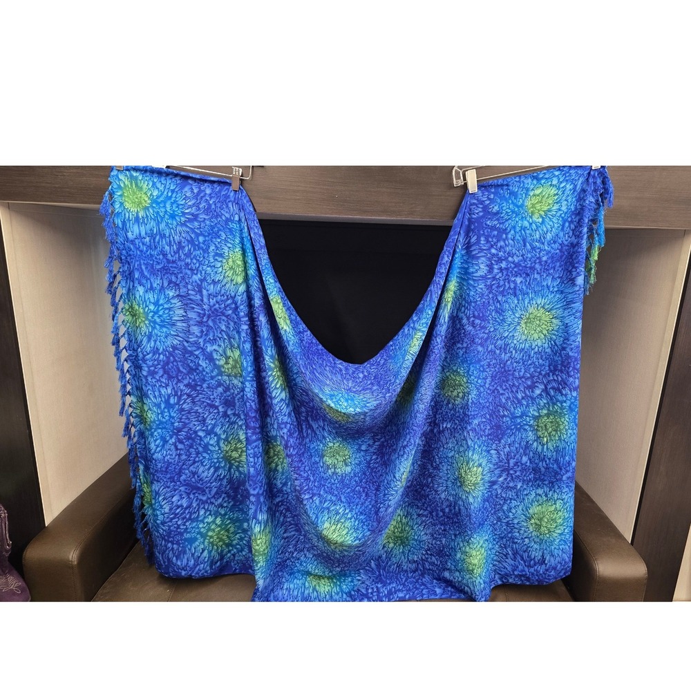 Rima Beachworld Blue Green Floral Fringe Sarong Wrap Swim Cover Up